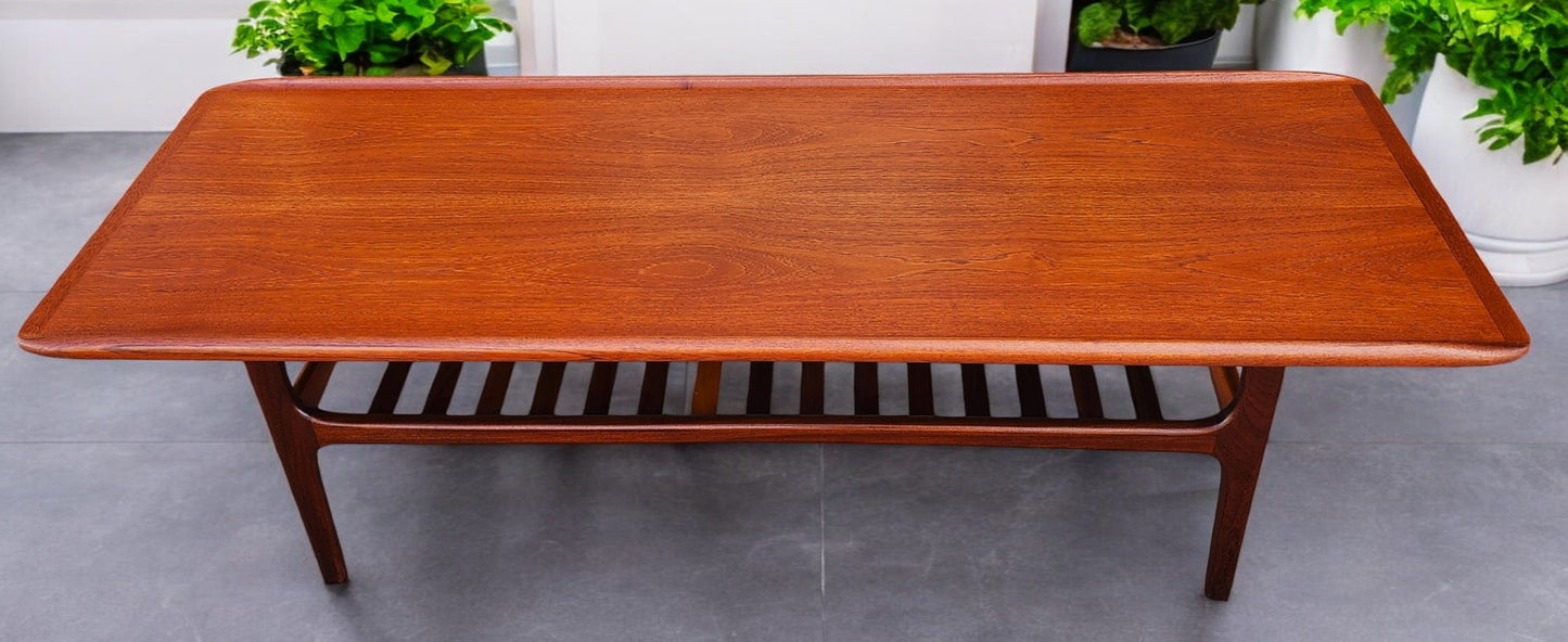 REFINISHED Danish Mid Century Modern Teak Coffee Table with Slatted Shelf