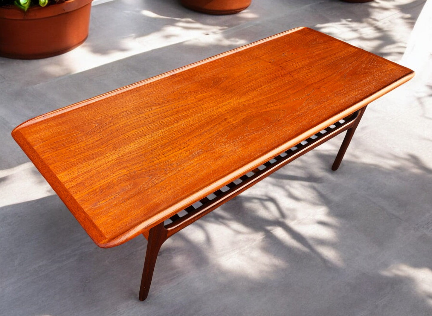 REFINISHED Danish Mid Century Modern Teak Coffee Table with Slatted Shelf