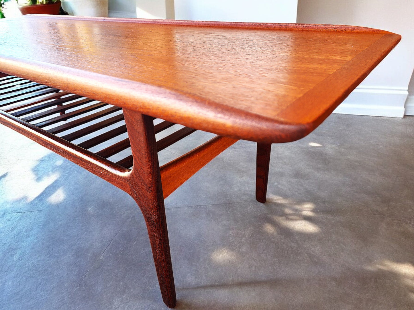 REFINISHED Danish Mid Century Modern Teak Coffee Table with Slatted Shelf