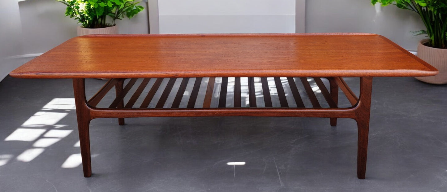 REFINISHED Danish Mid Century Modern Teak Coffee Table with Slatted Shelf