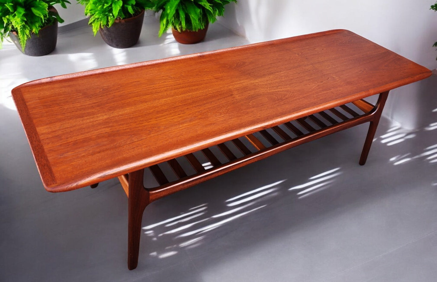 REFINISHED Danish Mid Century Modern Teak Coffee Table with Slatted Shelf