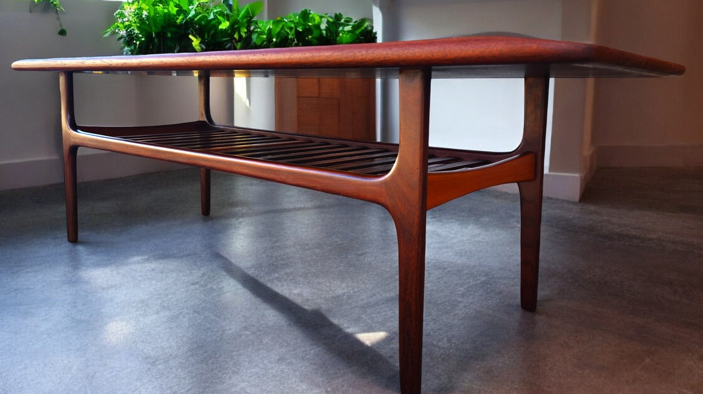 REFINISHED Danish Mid Century Modern Teak Coffee Table with Slatted Shelf