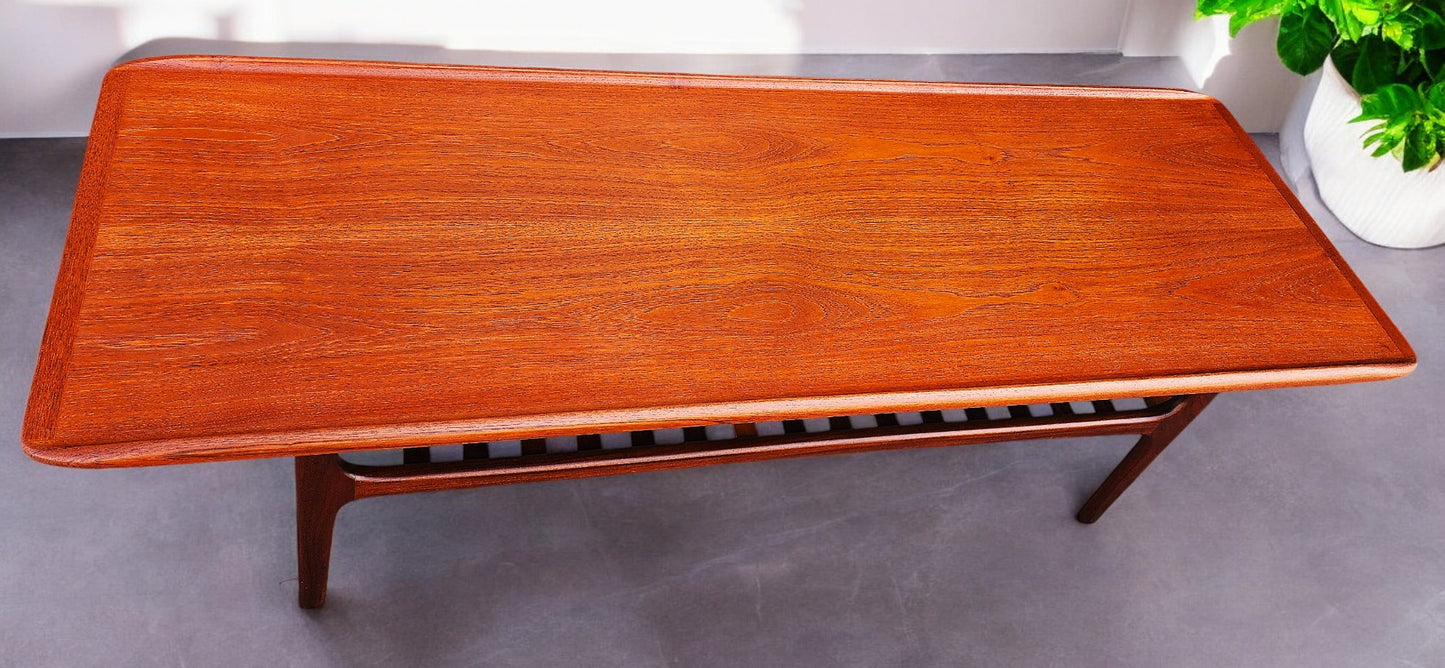 REFINISHED Danish Mid Century Modern Teak Coffee Table with Slatted Shelf