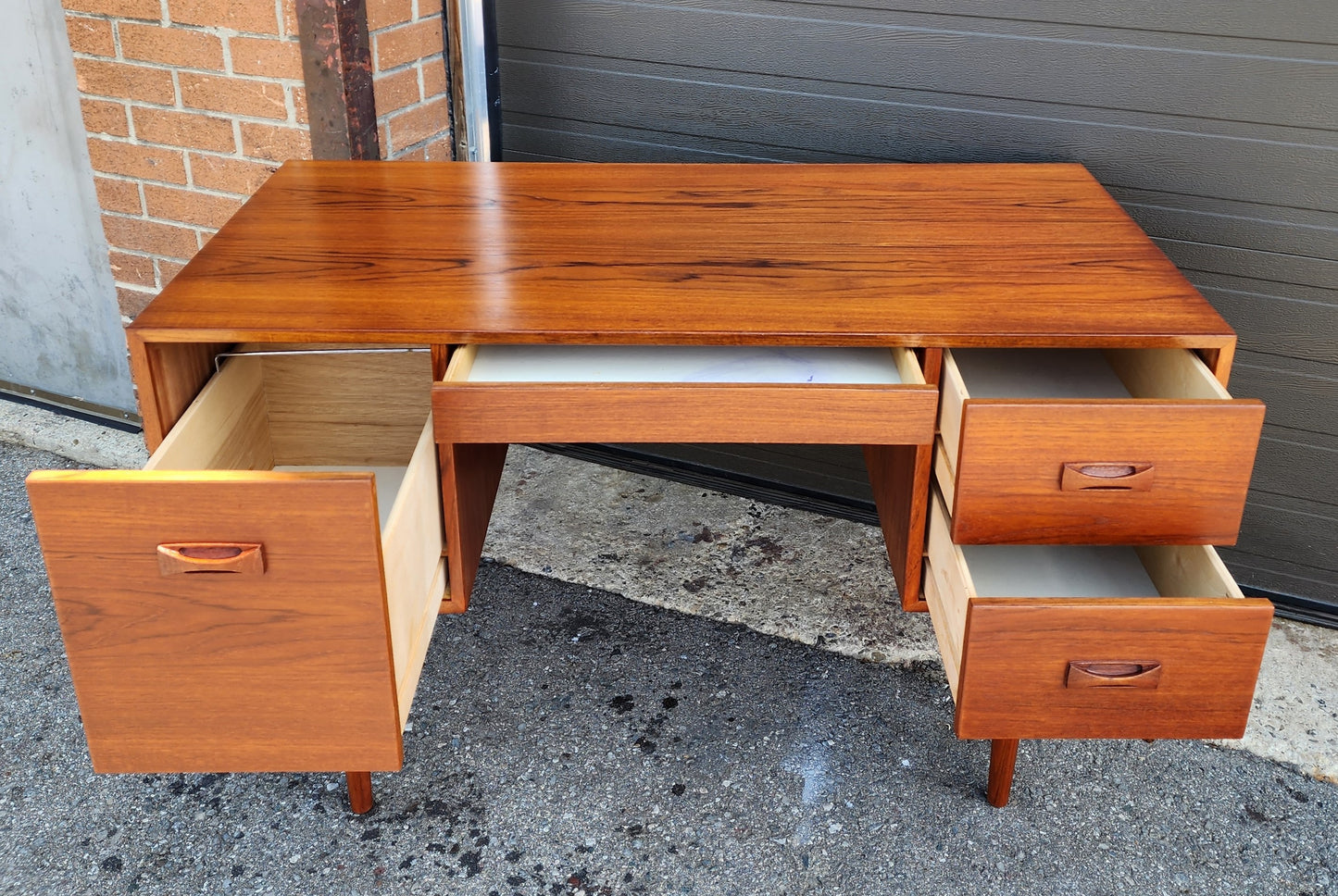 REFINISHED Mid Century Modern Teak Desk with Finished Back