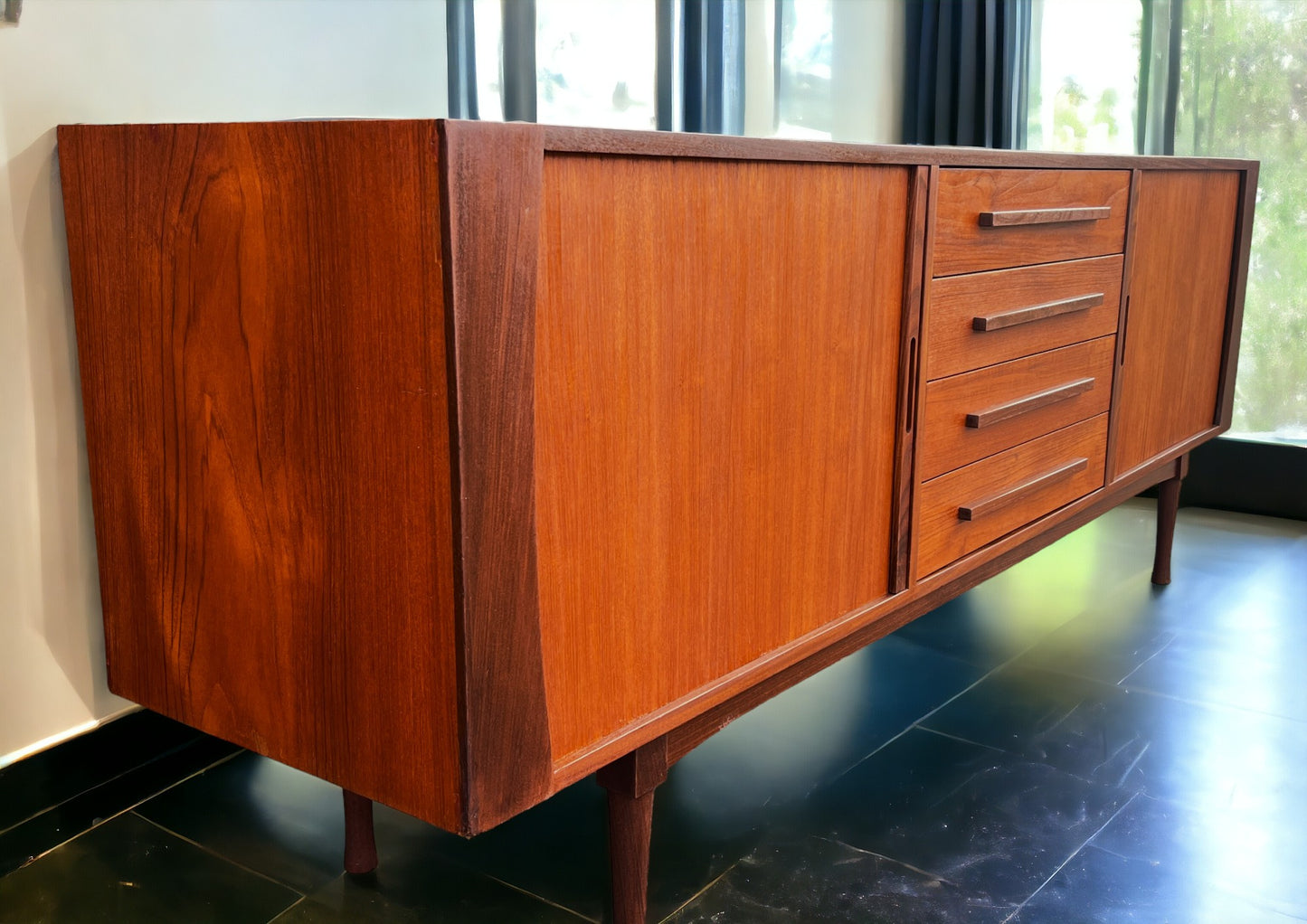 REFINISHED MCM teak sideboard with tambour doors by RS Associates 78"