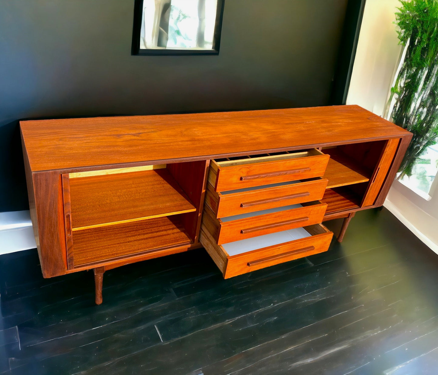REFINISHED MCM teak sideboard with tambour doors by RS Associates 78"