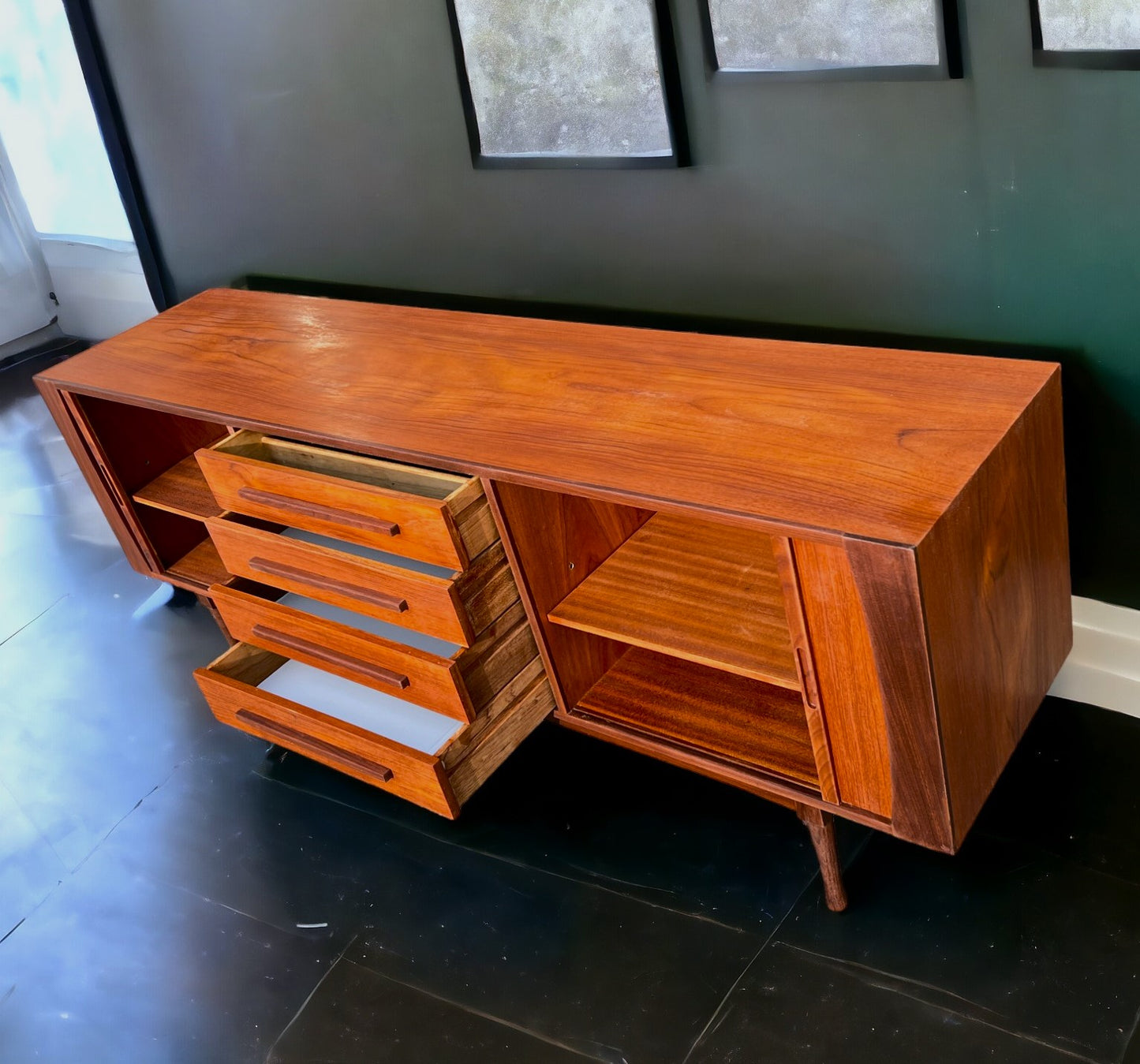 REFINISHED MCM teak sideboard with tambour doors by RS Associates 78"
