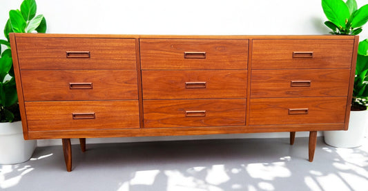 REFINISHED Mid Century Modern Teak Dresser w 9 Drawers