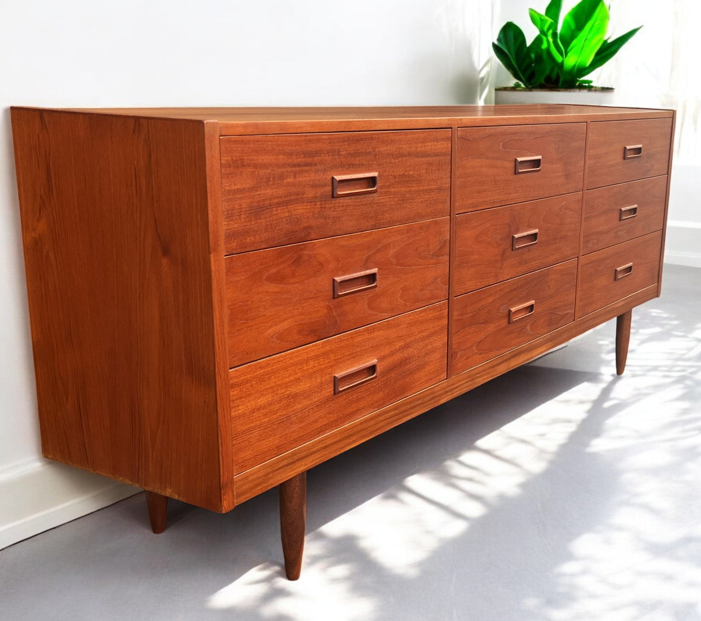 REFINISHED Mid Century Modern Teak Dresser w 9 Drawers