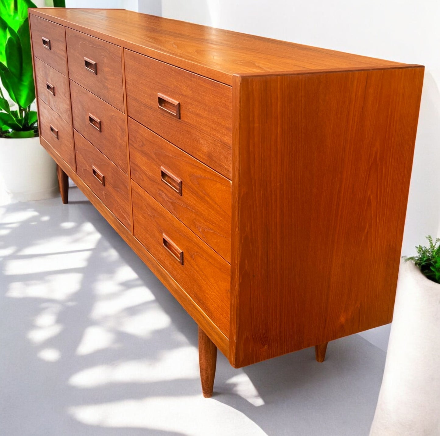 REFINISHED Mid Century Modern Teak Dresser w 9 Drawers