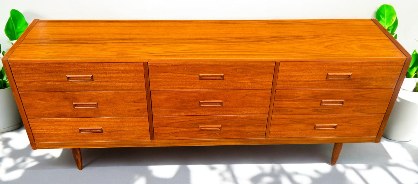 REFINISHED Mid Century Modern Teak Dresser w 9 Drawers