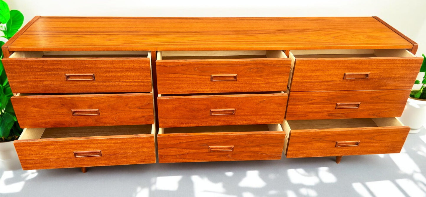 REFINISHED Mid Century Modern Teak Dresser w 9 Drawers
