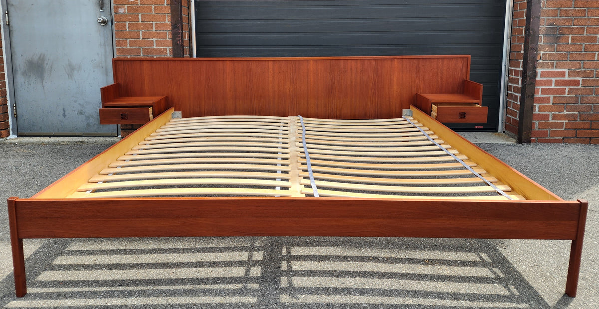 REFINISHED Mid Century Modern Teak Bed King w Floating Nightstands