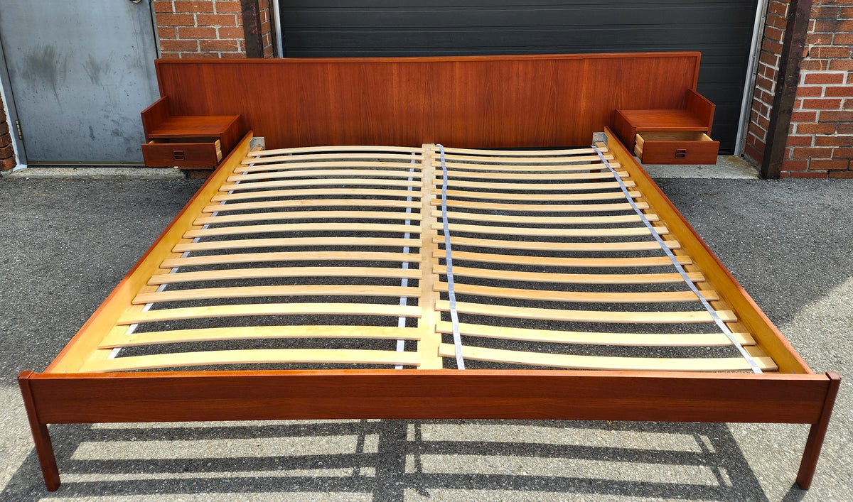 REFINISHED Mid Century Modern Teak Bed King w Floating Nightstands