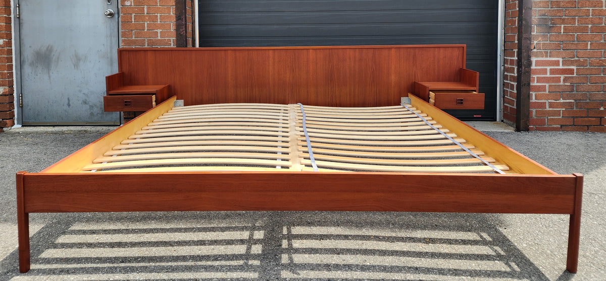 REFINISHED Mid Century Modern Teak Bed King w Floating Nightstands