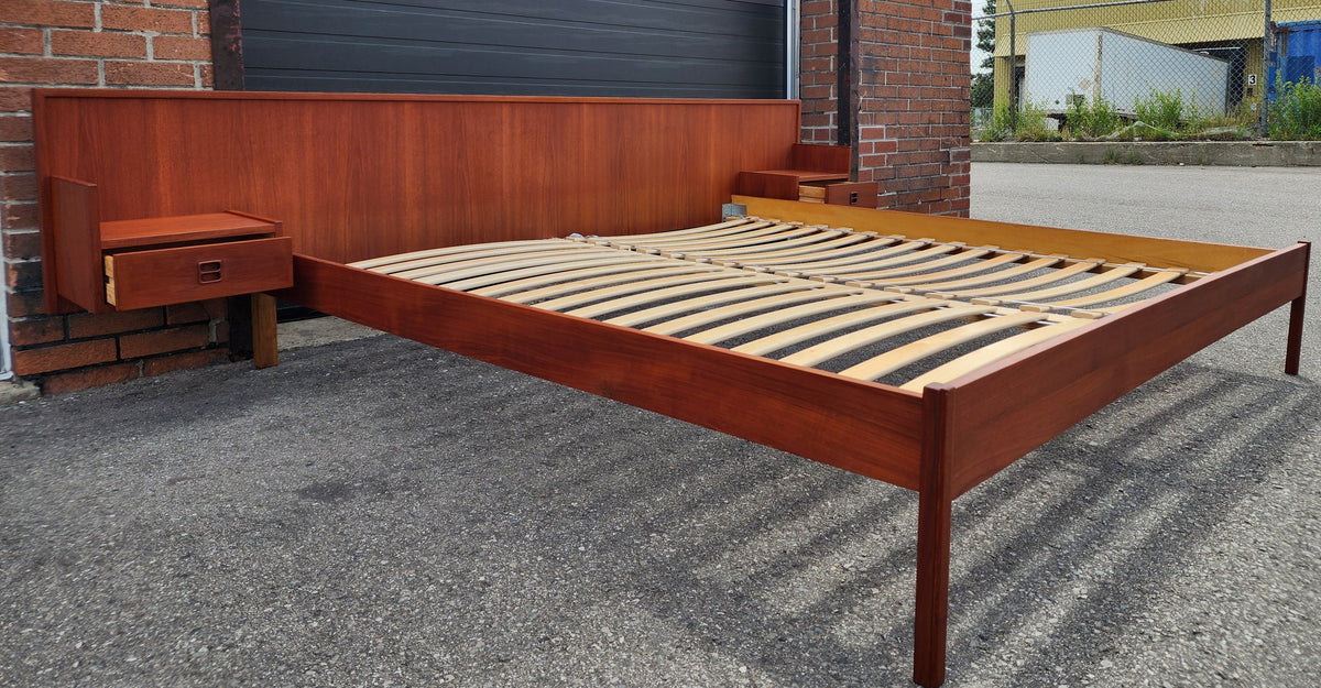 REFINISHED Mid Century Modern Teak Bed King w Floating Nightstands