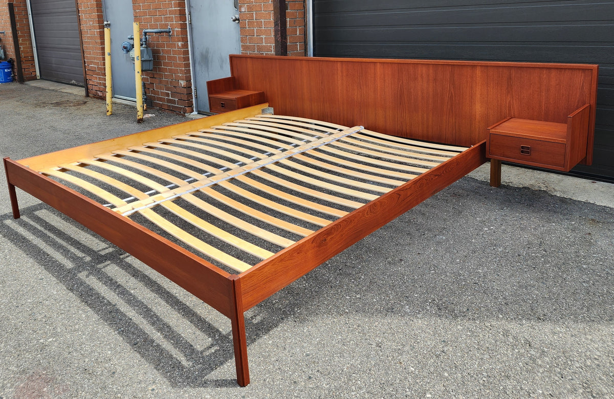 REFINISHED Mid Century Modern Teak Bed King w Floating Nightstands