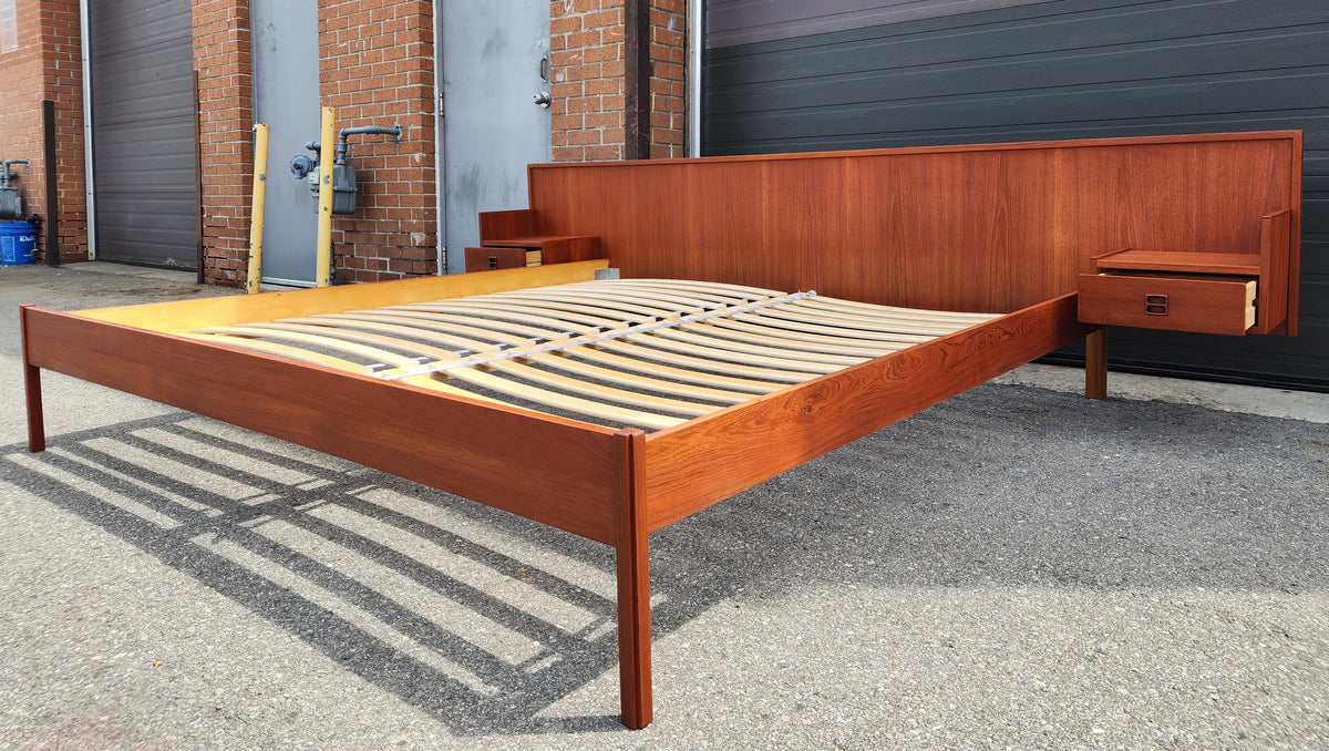REFINISHED Mid Century Modern Teak Bed King w Floating Nightstands