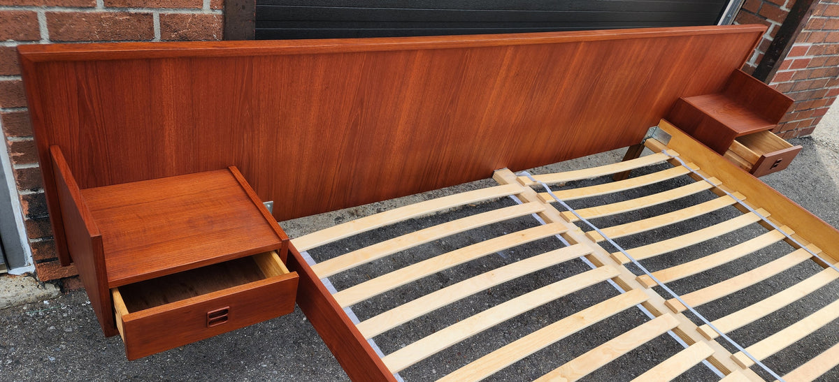 REFINISHED Mid Century Modern Teak Bed King w Floating Nightstands