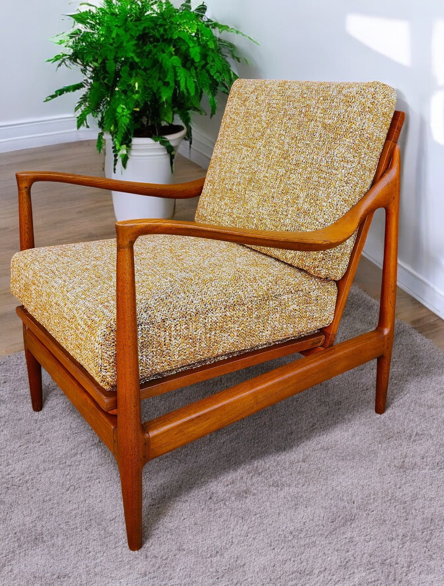 REFINISHED REUPHOLSTERED Danish MCM Teak Lounge Chair w Performance Fabric