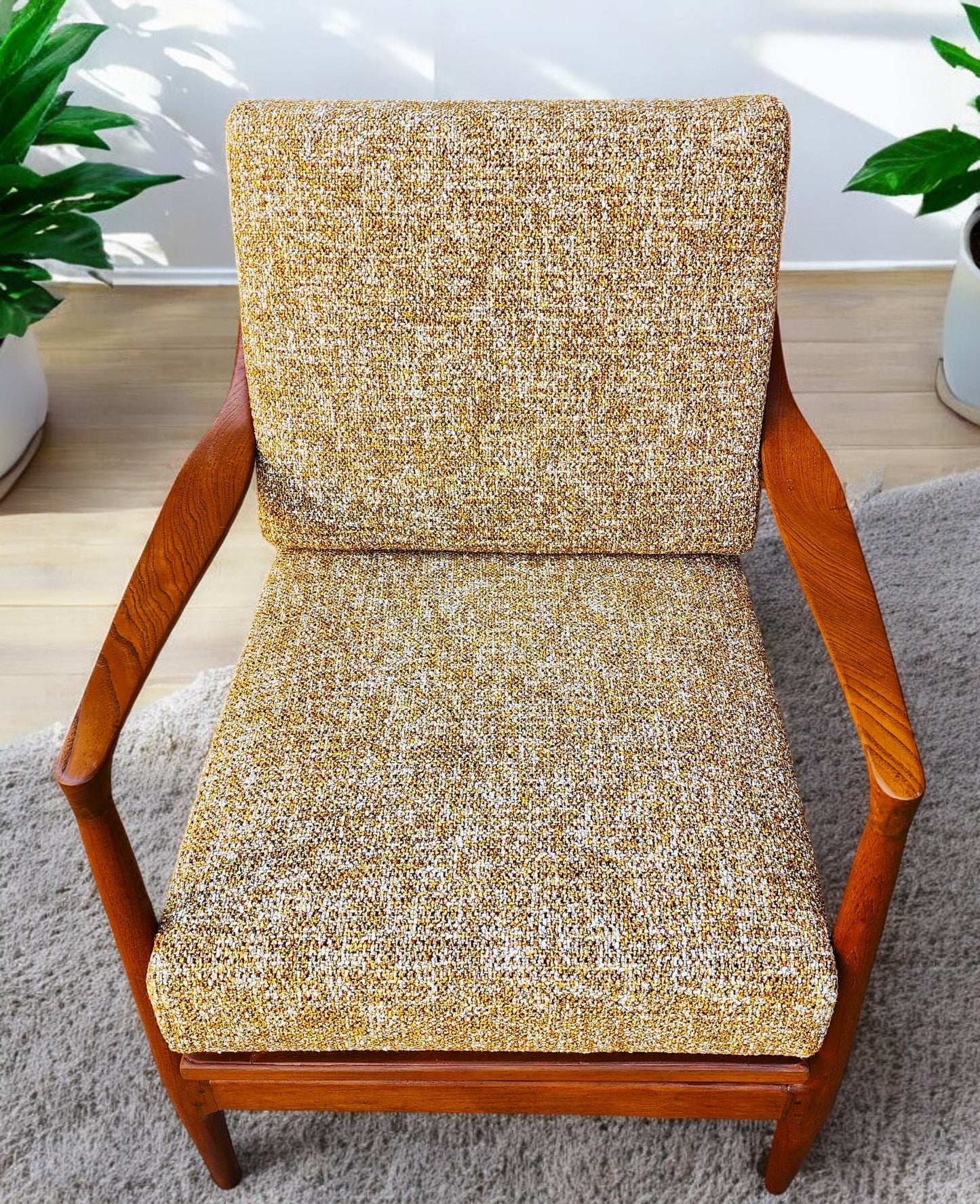 REFINISHED REUPHOLSTERED Danish MCM Teak Lounge Chair w Performance Fabric