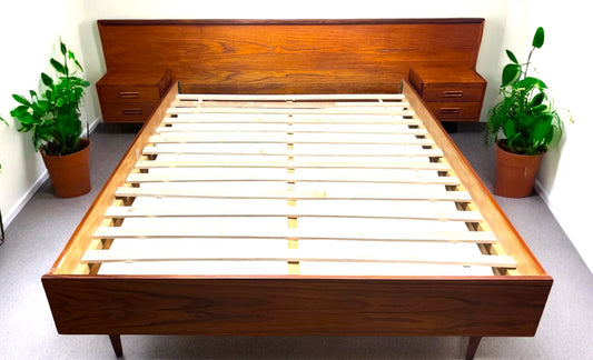 REFINISHED Mid Century Modern Teak Queen Bed w Nightstands