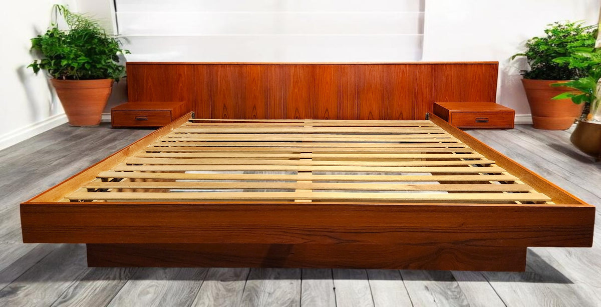 REFINISHED MCM Teak Bed King w Floating Nightstands