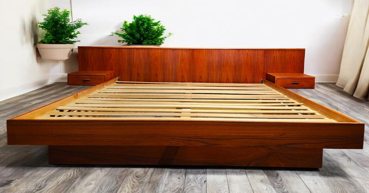 REFINISHED MCM Teak Bed King w Floating Nightstands