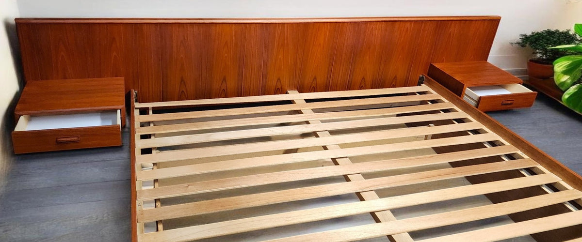 REFINISHED MCM Teak Bed King w Floating Nightstands