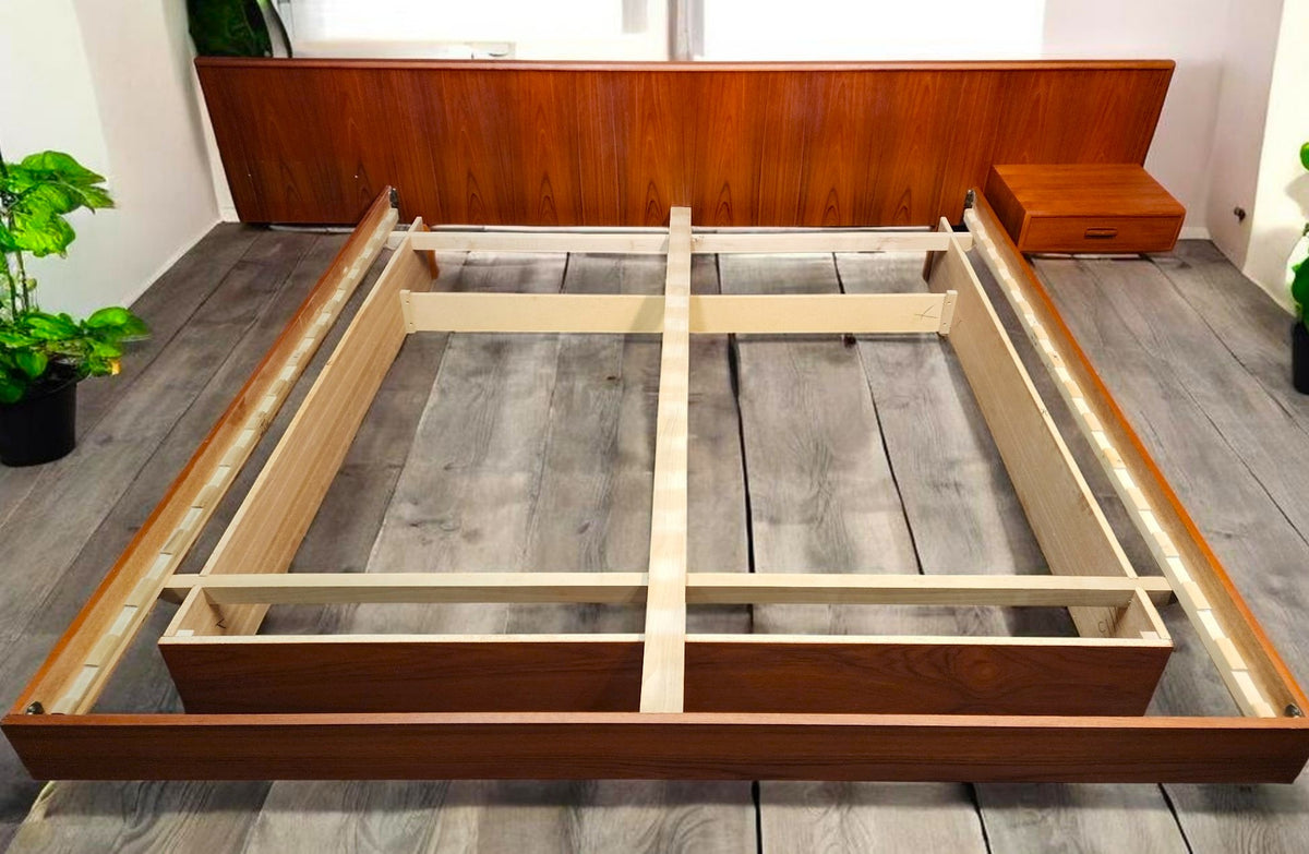 REFINISHED MCM Teak Bed King w Floating Nightstands