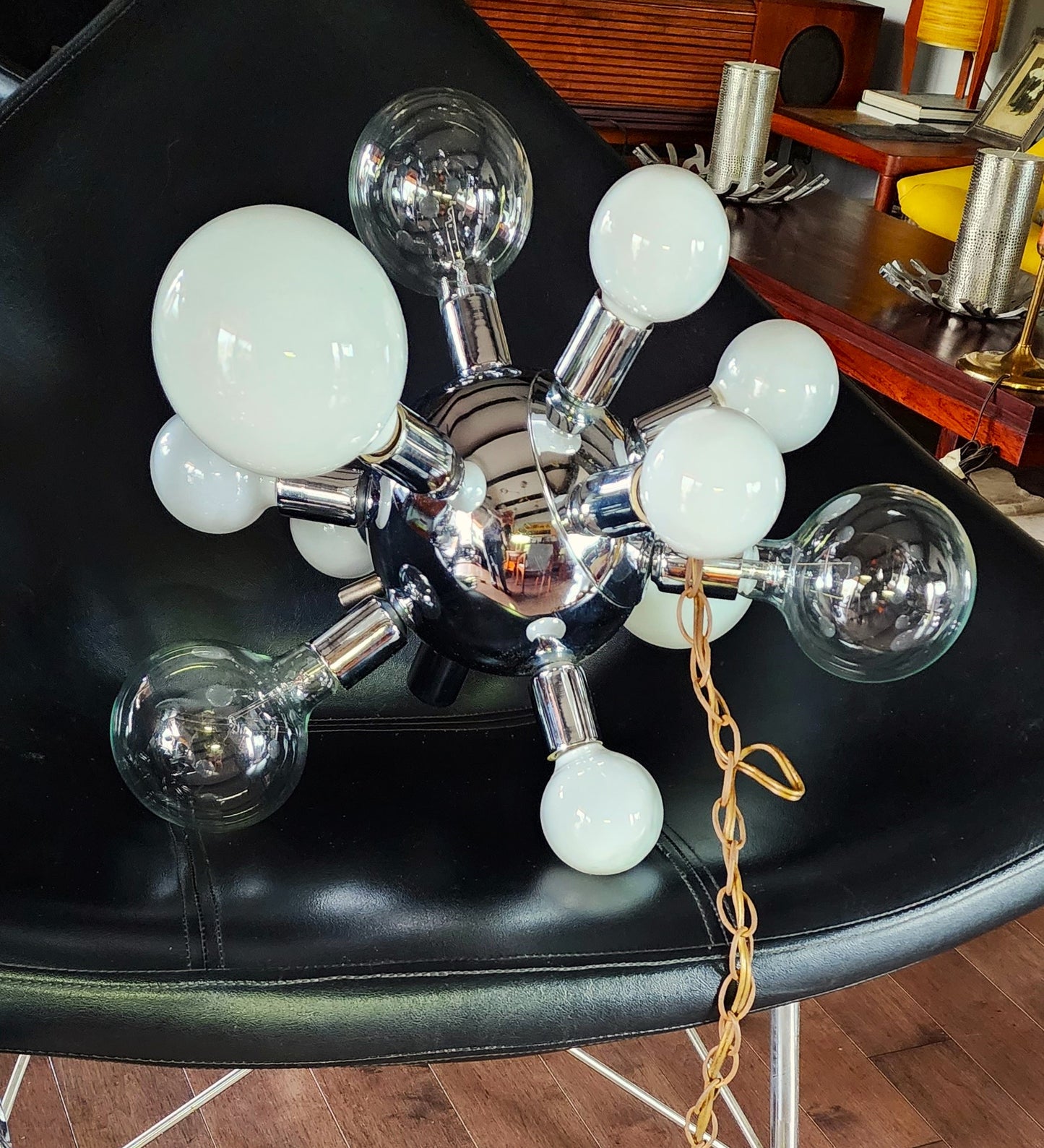 On Hold***Mid Century Modern Chrome and Glass Sputnik Ceiling Chandelier with 12 lights, Space Age