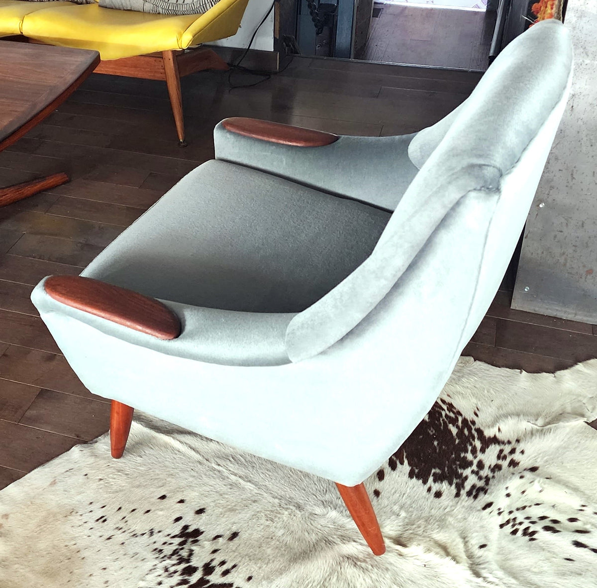 2 REFINISHED REUPHOLSTERED in Wool Mohair Teak Mid Century Modern Lounge Chairs
