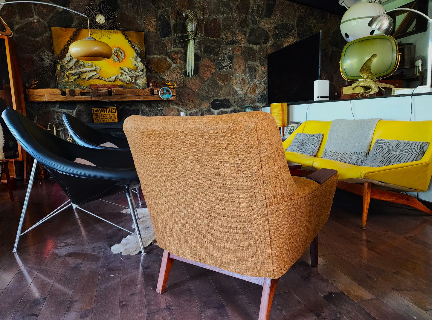 2 REFINISHED REUPHOLSTERED Mid Century Modern Armchairs & Ottoman