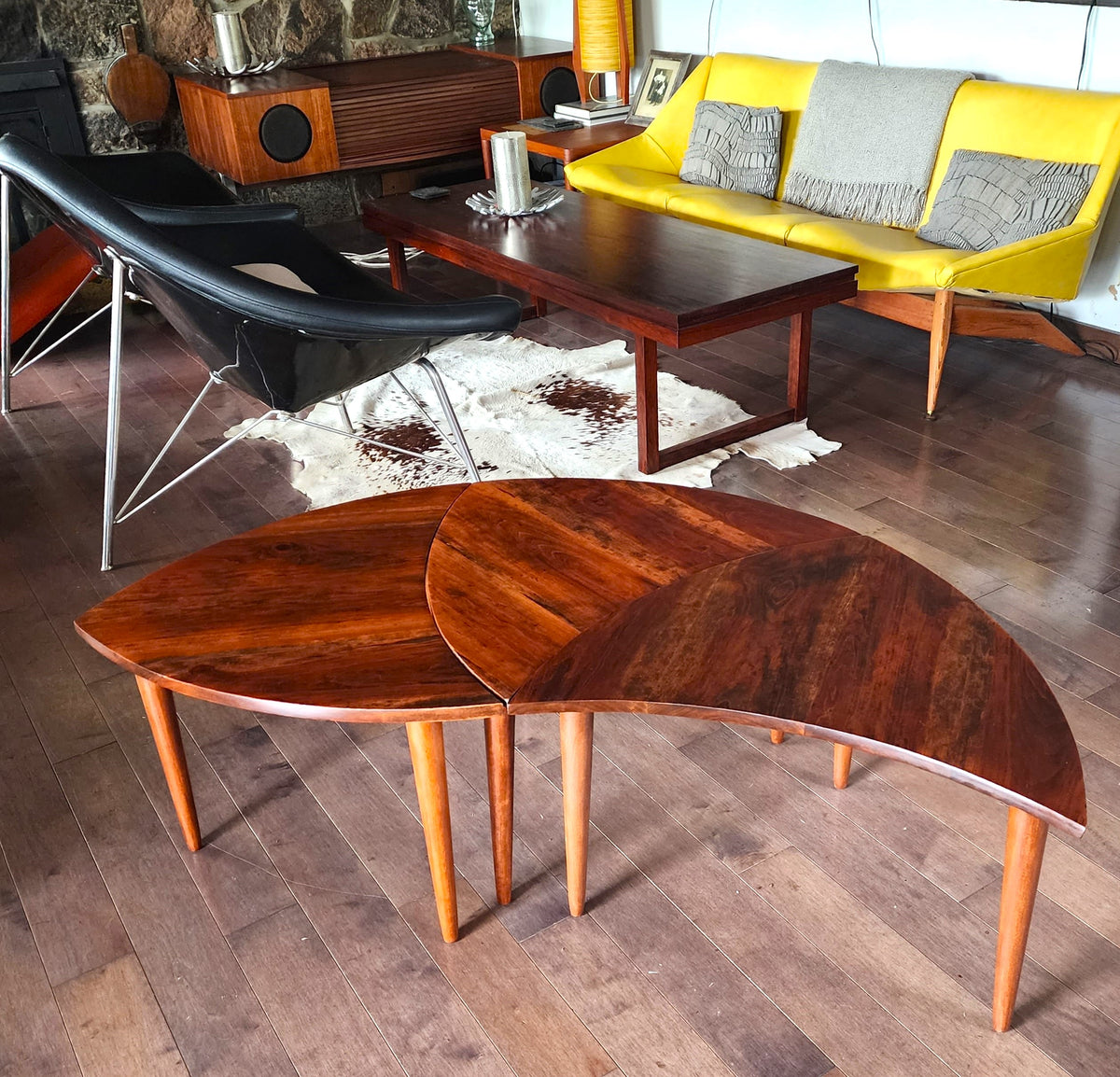 REFINISHED Mid Century Modern segmented triangular accent tables, set of 3