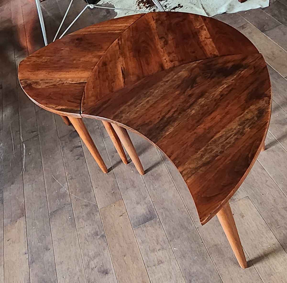 REFINISHED Mid Century Modern segmented triangular accent tables, set of 3