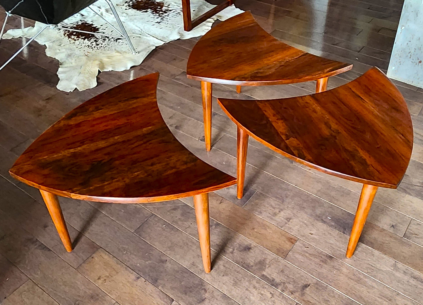 REFINISHED Mid Century Modern segmented triangular accent tables, set of 3