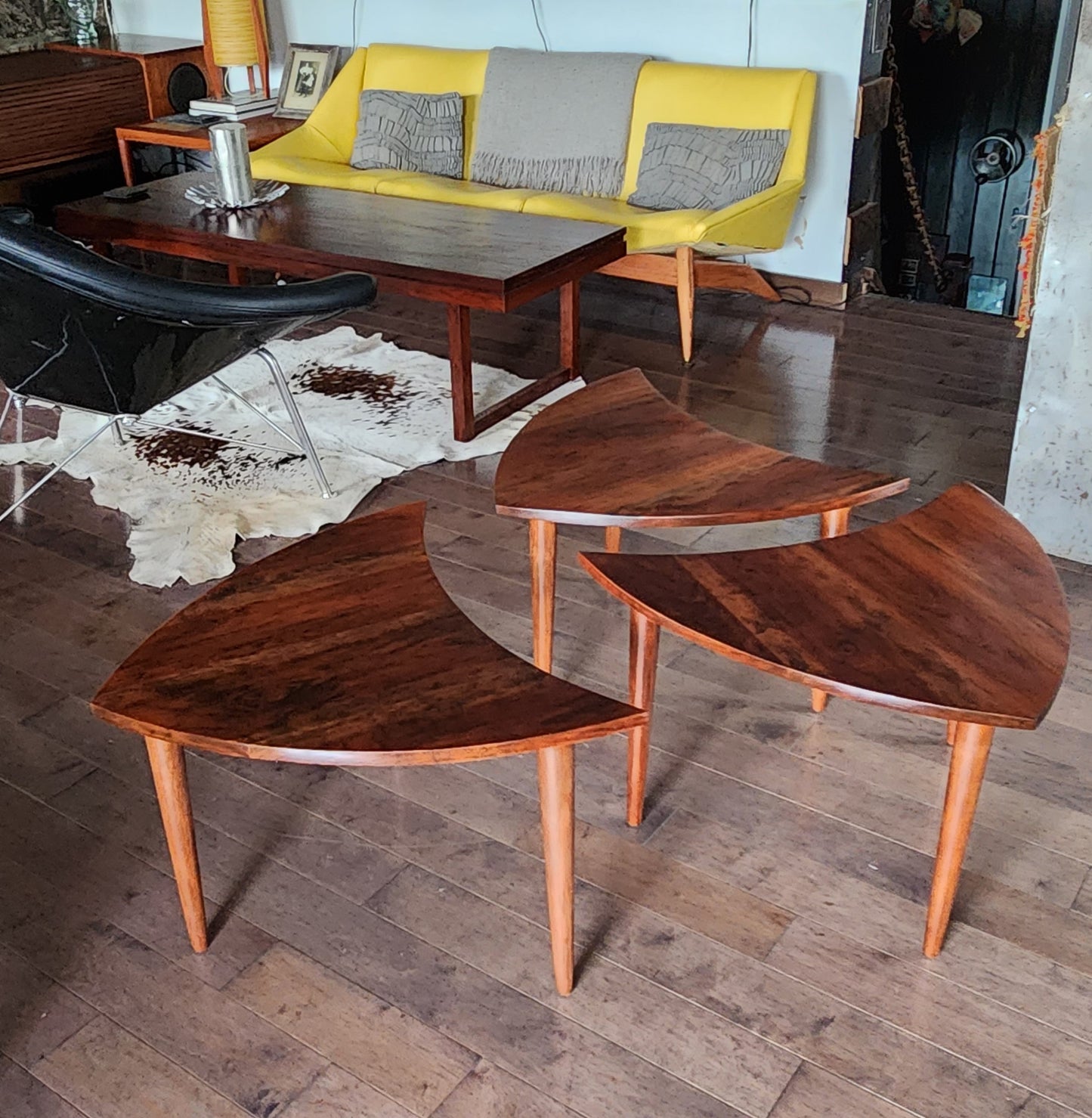 REFINISHED Mid Century Modern segmented triangular accent tables, set of 3