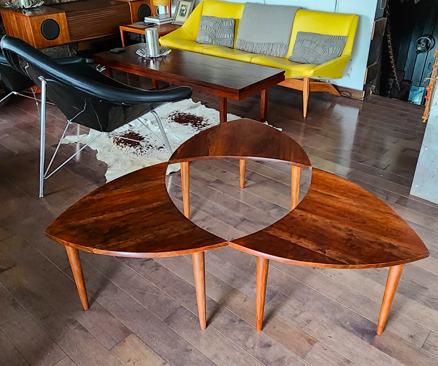 REFINISHED Mid Century Modern segmented triangular accent tables, set of 3