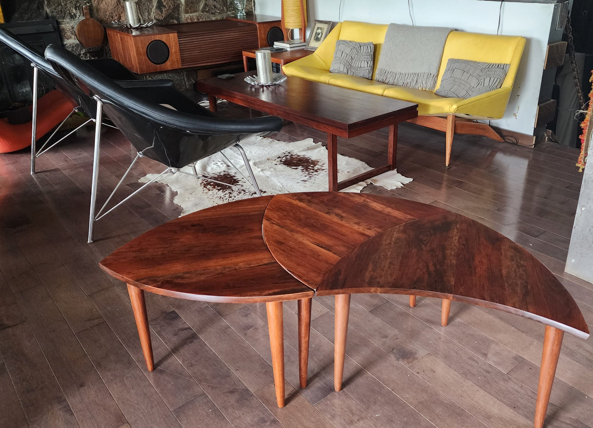 REFINISHED Mid Century Modern segmented triangular accent tables, set of 3