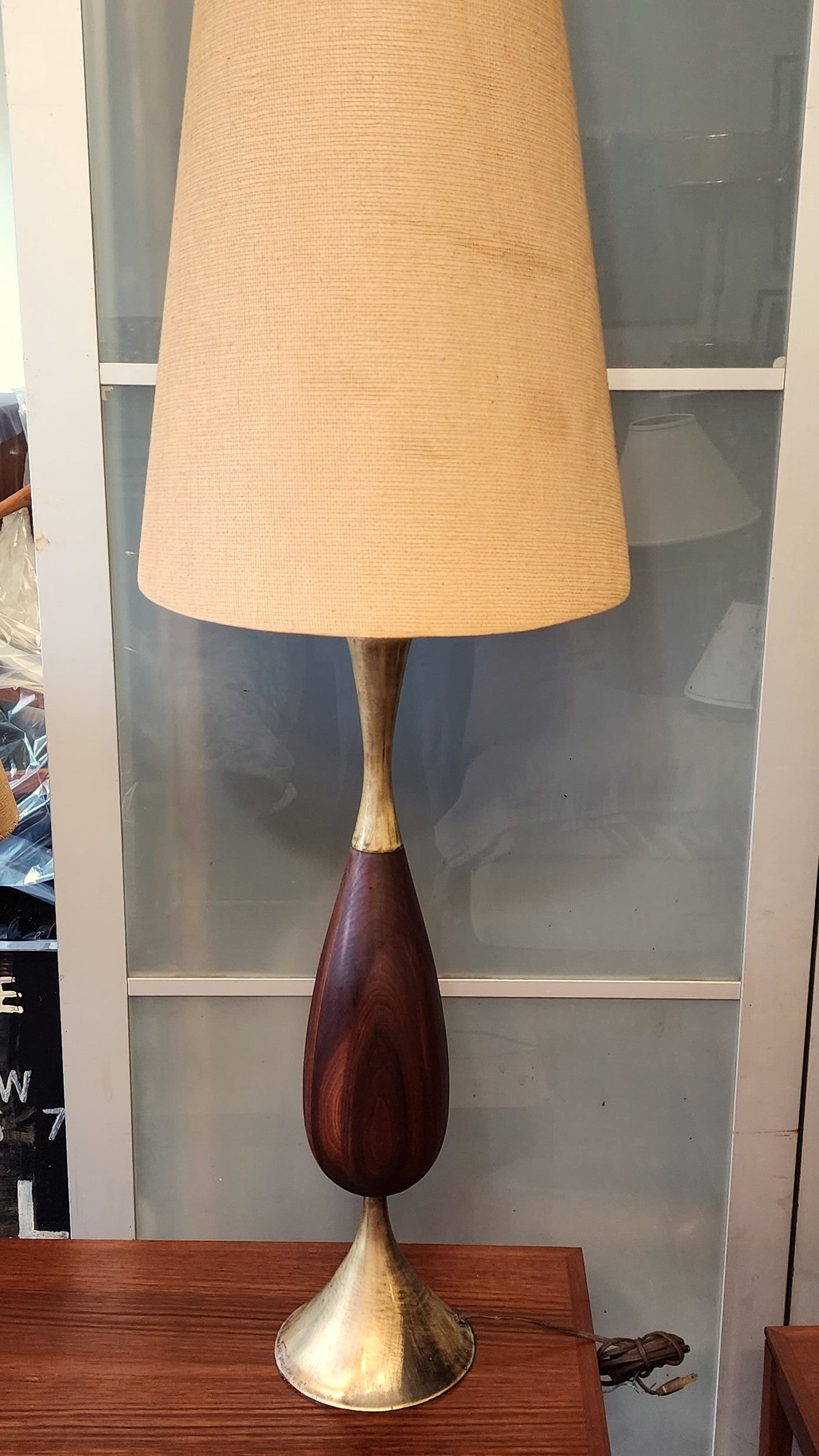 Mid Century Modern Tall Walnut & Brass Lamp by Tony Paul for Westwood 49"