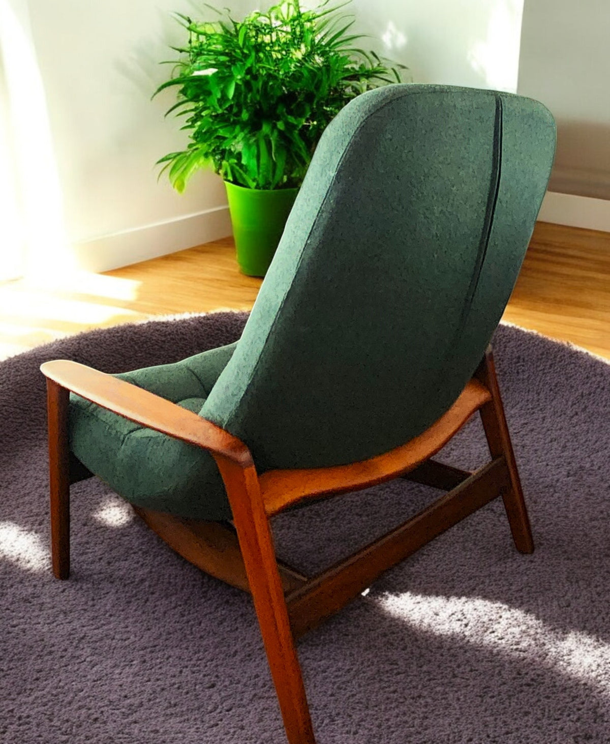 REFINISHED REUPHOLSTERED in wool MCM Teak Scoop Lounge Chair by Huber
