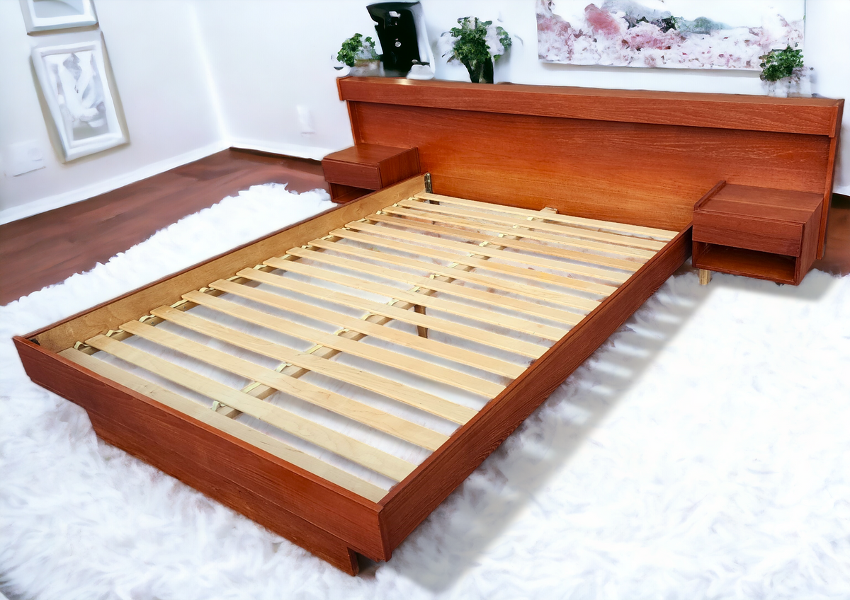 REFINISHED Mid Century Modern Teak Bed Queen w Floating Nightstands & Lighting