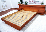 REFINISHED Mid Century Modern Teak Bed Queen w Floating Nightstands & Lighting 1
