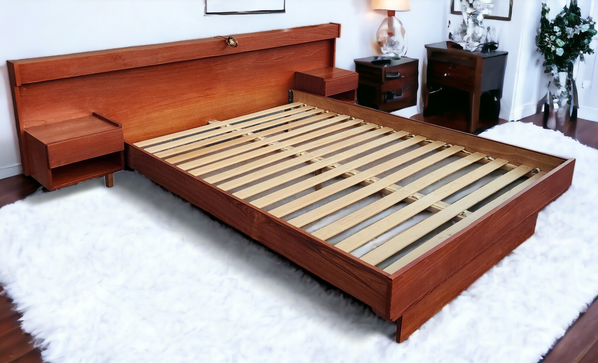 REFINISHED Mid Century Modern Teak Bed Queen w Floating Nightstands & Lighting
