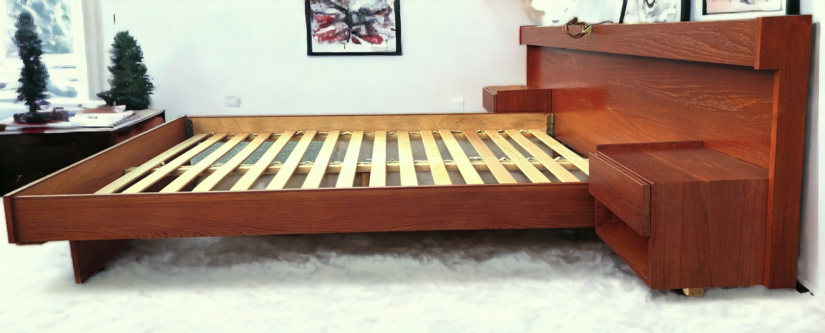 REFINISHED Mid Century Modern Teak Bed Queen w Floating Nightstands & Lighting