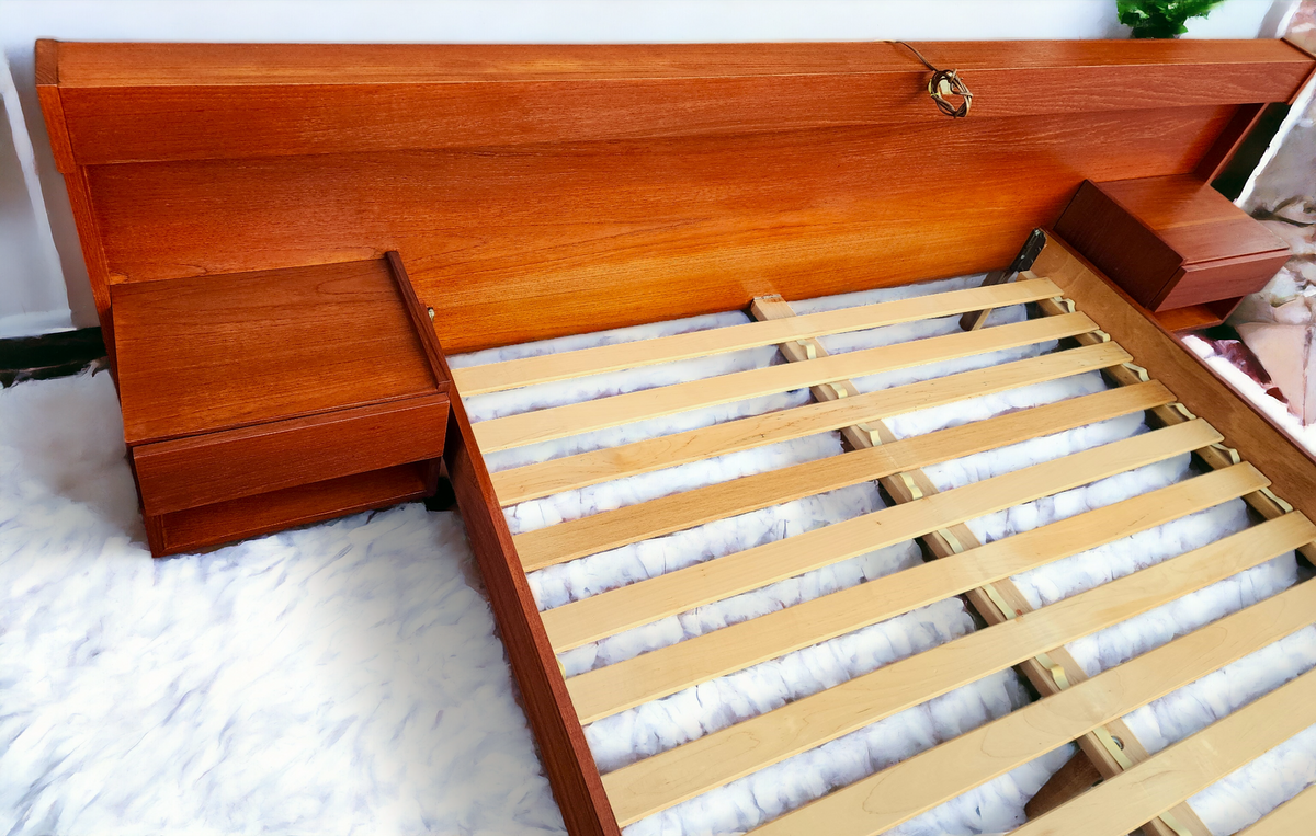 REFINISHED Mid Century Modern Teak Bed Queen w Floating Nightstands & Lighting