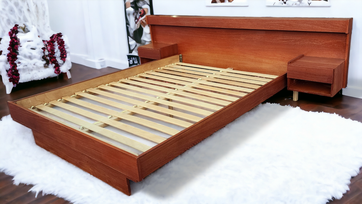 REFINISHED Mid Century Modern Teak Bed Queen w Floating Nightstands & Lighting