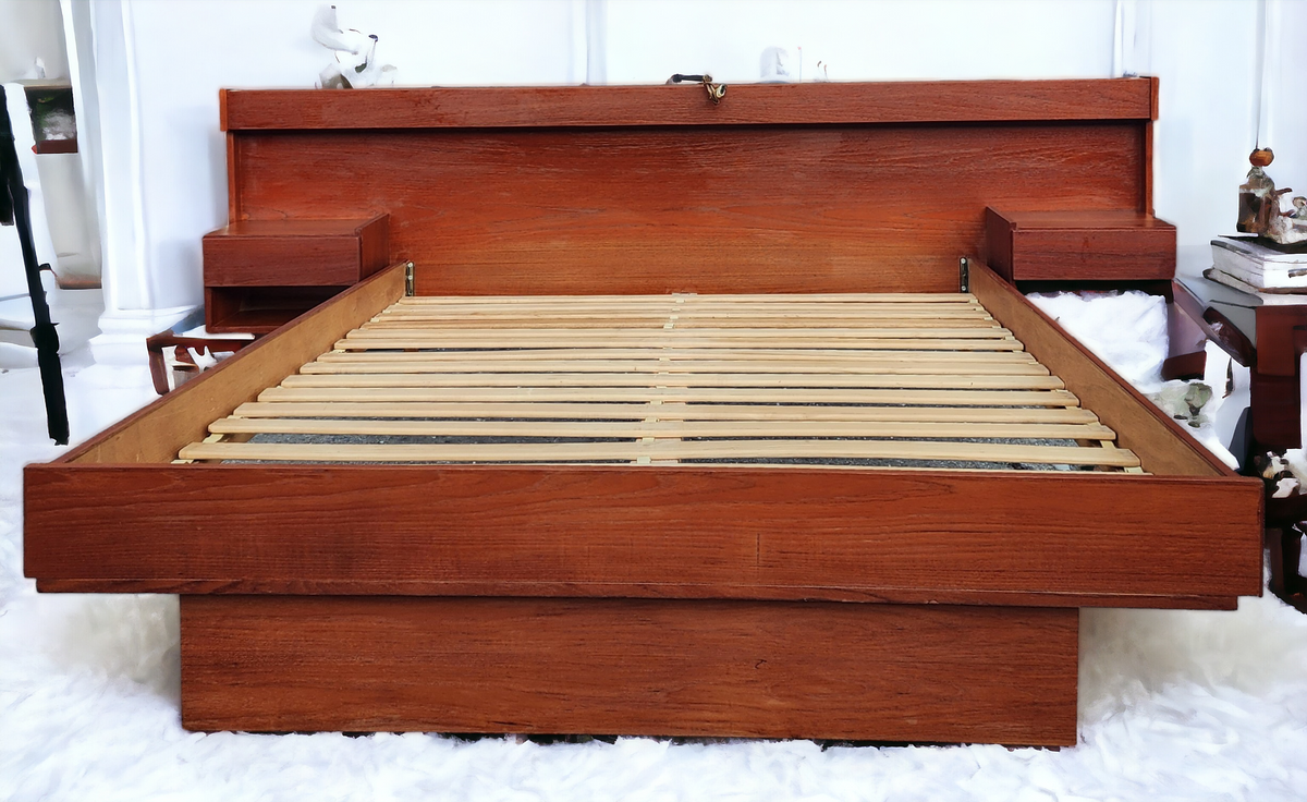 REFINISHED Mid Century Modern Teak Bed Queen w Floating Nightstands & Lighting