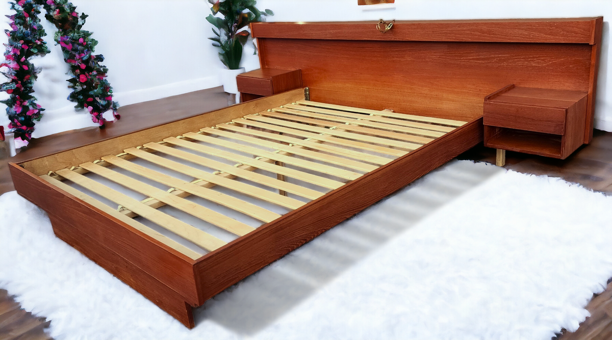 REFINISHED Mid Century Modern Teak Bed Queen w Floating Nightstands & Lighting