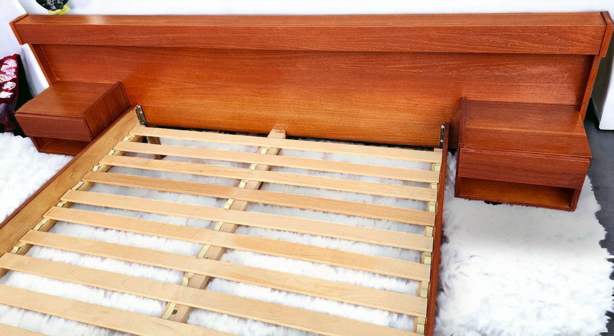 REFINISHED Mid Century Modern Teak Bed Queen w Floating Nightstands & Lighting